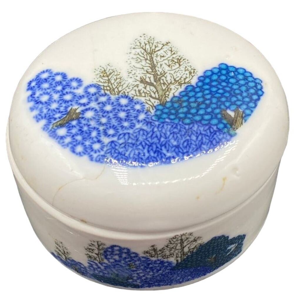 Vintage Trinket Dish Ring Box Made In Taiwan Blue Trees Ceramic With Lid 1970s